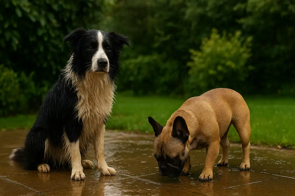 hond snuffelt buiten in het gras na regen