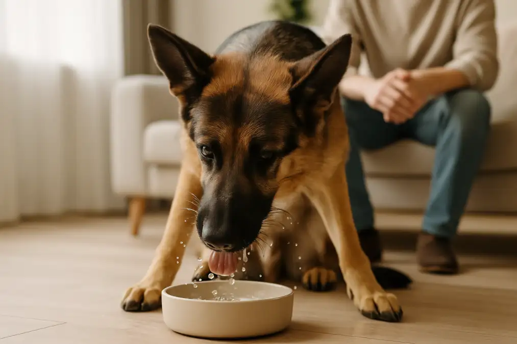 duitse herder drinkt uit waterbak
