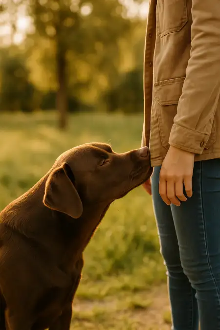 Bruine labrador ruikt nieuwsgierig aan de jas van zijn baasje.