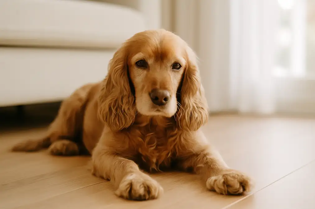 cocker spaniel ligt ontspannen op de vloer na het drinken