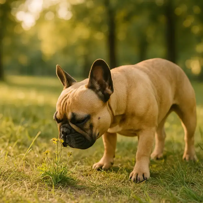 Franse bulldog snuffelt rustig aan bloemen in het park.
