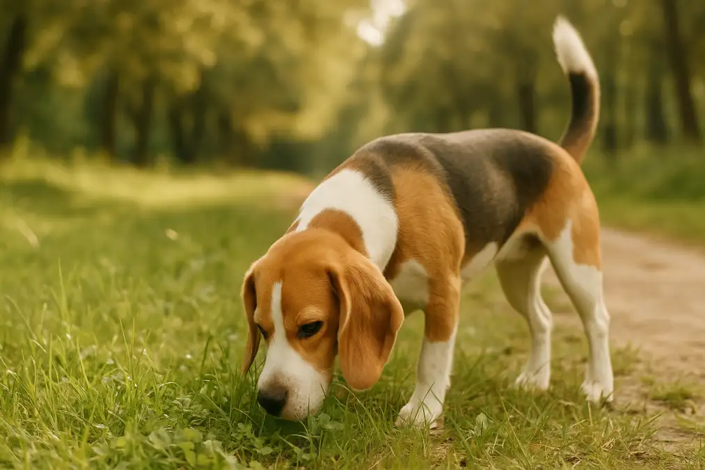 Beagle snuffelt in het gras tijdens een rustige wandeling in het park.